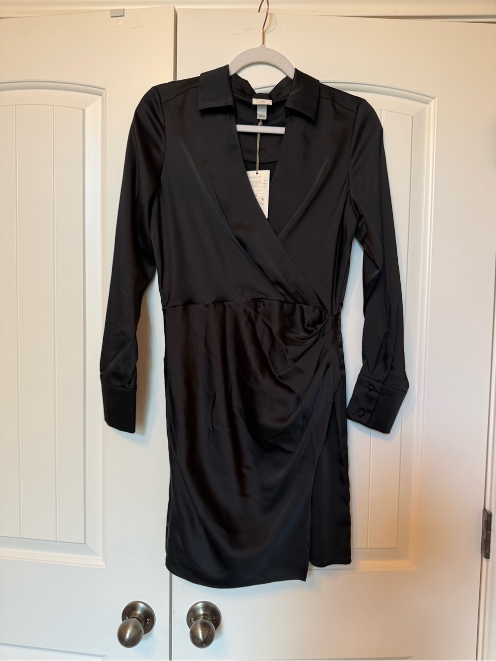 NWT A New Day Black Satin Wrap Mini Dress | Long Sleeve Collared | Size Small